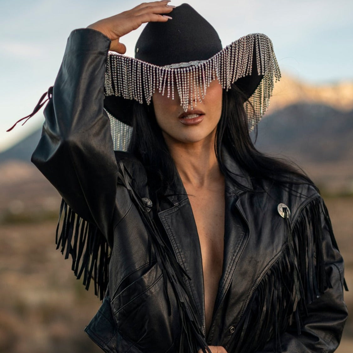 Black cowboy runway style fringe hat Spiked Fringe Cowboy Hat Men - Black Disco Cowboy Hat main image 2